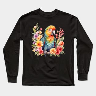 A parrot decorated with beautiful watercolor flowers Long Sleeve T-Shirt